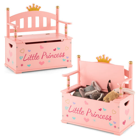 2-In-1 Kids Princess Wooden Toy Box with Safe Hinged Lid-Pink - Color: Pink
